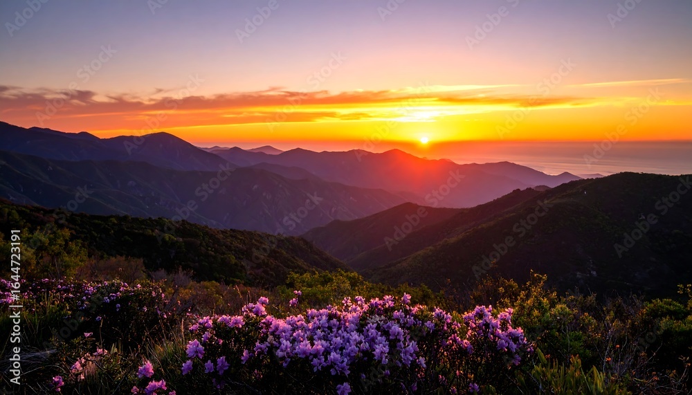 Fototapeta premium Spectacular mountain range scenery illuminated by the radiant setting sun