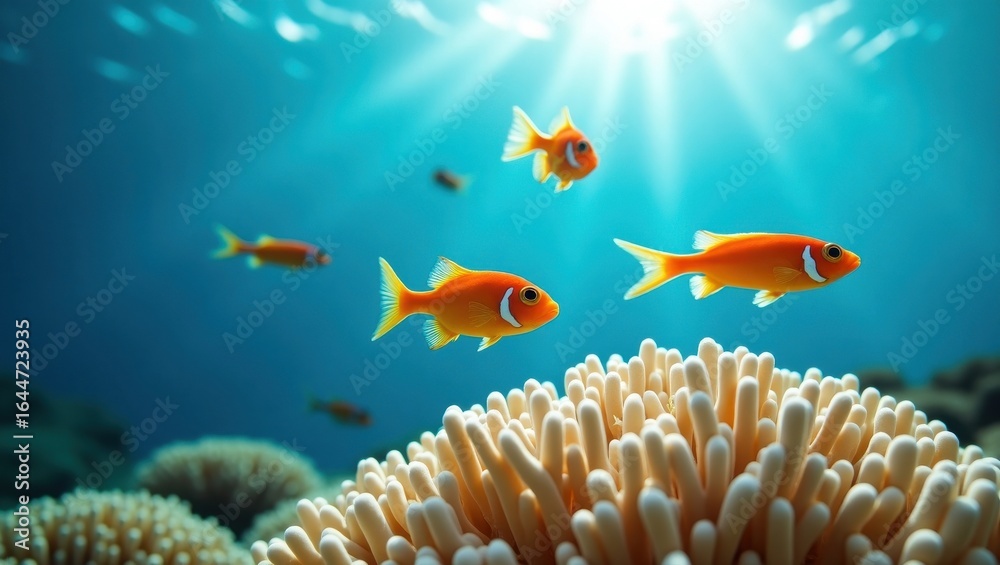 Fototapeta premium Vibrant orange clownfish swim among coral reefs under sunlit ocean surface