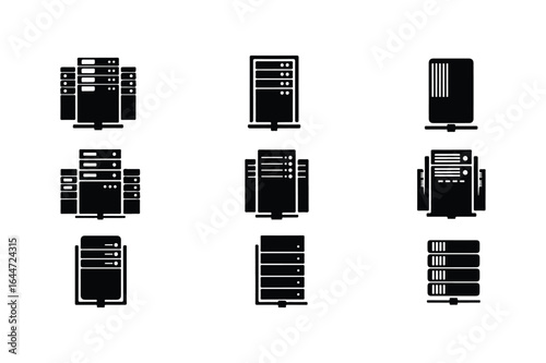 Set of black server rack icons on white background computer data center