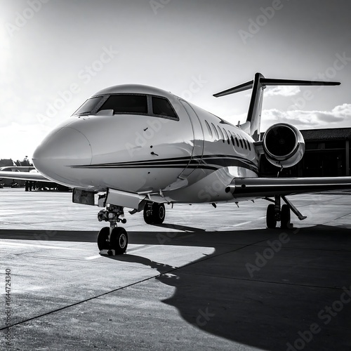 Sleek private jet on tarmac, angled view, monochrome
