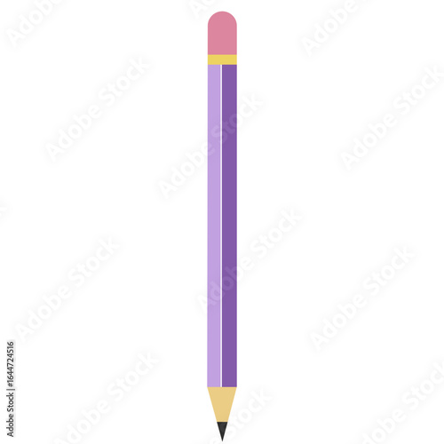  Flat vector illustration of lavender pencil with pink eraser and sharpened tip, simple stationery design for school, office, and creative purposes.