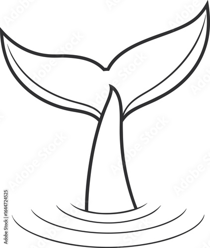 Minimalist black outline whale tail emerging from water ripples on light blue background whale fluke