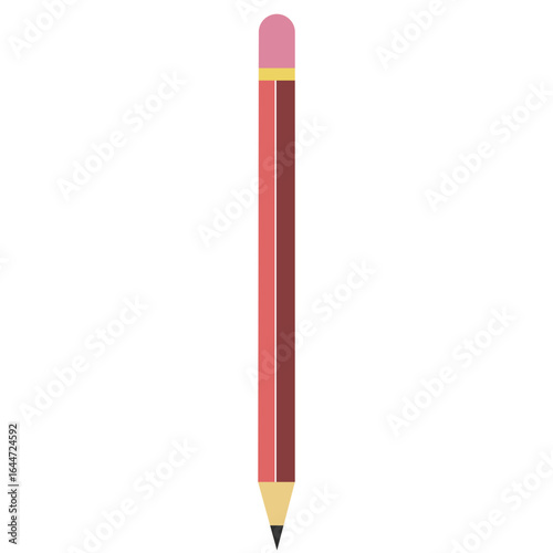 Flat vector illustration of red pencil with pink eraser and sharpened tip, simple stationery design for school, office, and creative purposes.