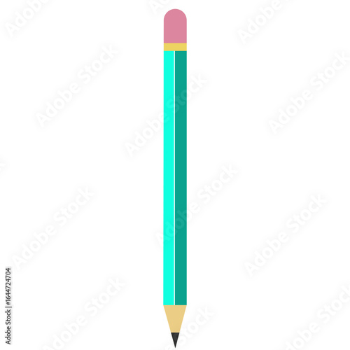 Flat vector illustration of teal pencil with pink eraser and sharpened tip, simple stationery design for school, office, and creative projects.