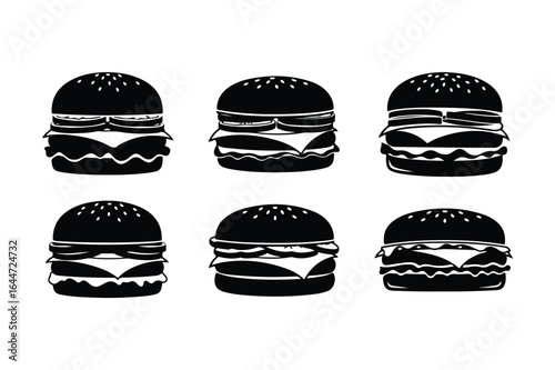 Six black silhouette hamburgers with sesame seeds on buns and various fillings cheeseburger food