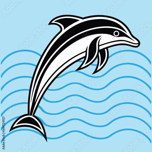 Stylized black and white dolphin leaping from blue waves jumping water