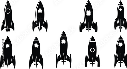 Collection of ten black retro rocket ship icons on a white background spaceship spacecraft