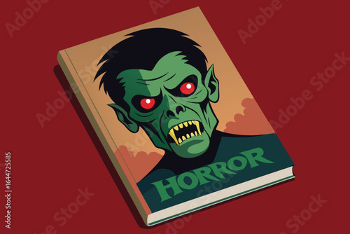 Green Zombie Monster on Retro Horror Book Cover with Red Background Illustration Style