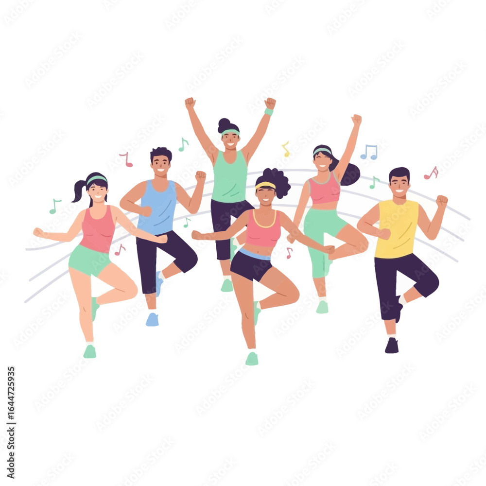Energetic group workout class with upbeat music, fitness instructors leading a fun dance routine, perfect for health and wellness promotions or active lifestyle content Energetic group workout class with upbeat music, fitness instructors leading a fun dance routine, perfect for health and wellness promotions or active lifestyle content