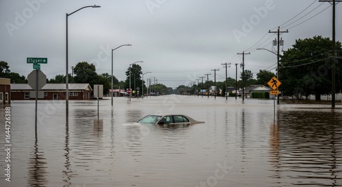 Wallpaper Mural Flooded town street with a partially submerged car and visible street signs. Torontodigital.ca