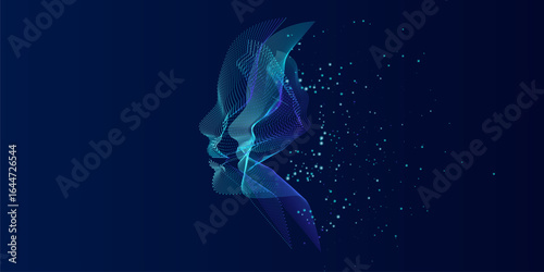 Artificial Intelligence, abstract artistic human head portrait made of dotted particles array, vector software digital visual interface. Digital soul, spirit of technological time.