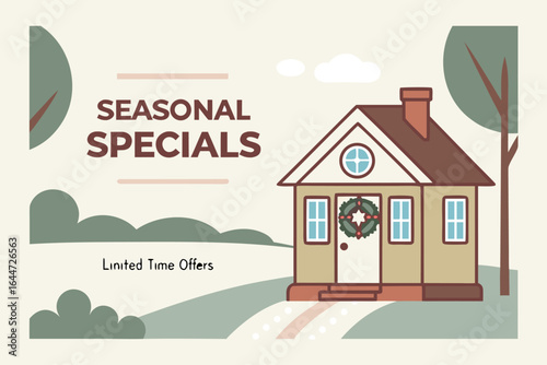 Seasonal specials limited time offers charming house with wreath and festive decorations inviting customers to explore seasonal deals and promotions