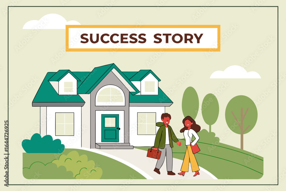 A couple walks towards their new home celebrating a successful journey and the achievement of their dream house A couple walks towards their new home celebrating a successful journey and the achievement of their dream house