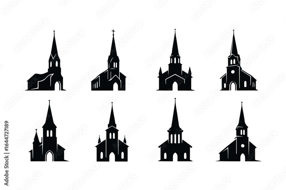 Obraz premium Collection of eight black silhouette church building icons with varied steeple designs and architectural details