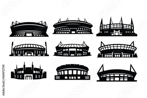 Collection of black stadium silhouettes on white background sports stadium arena