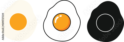 Three representations of a fried egg on a white background