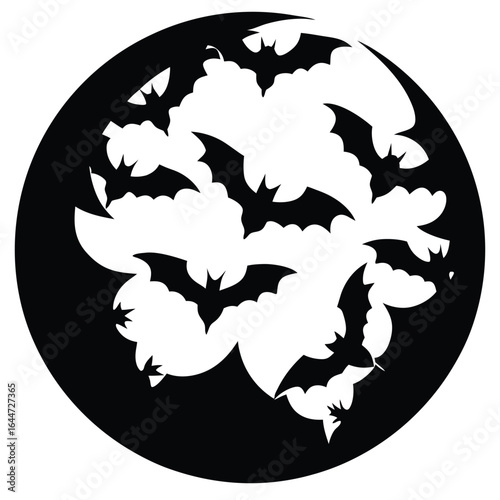 Circular silhouette of bats swarming against a full moon