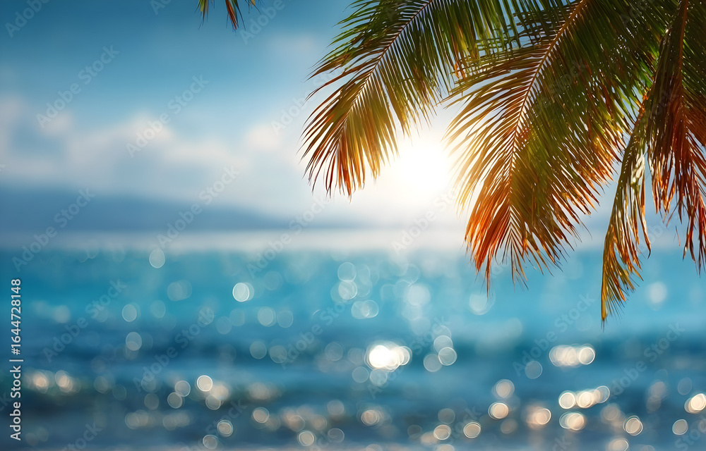 Fototapeta premium A serene beach scene featuring lush palm leaves silhouetted against the sparkling ocean, capturing the essence of relaxation and tropical bliss.