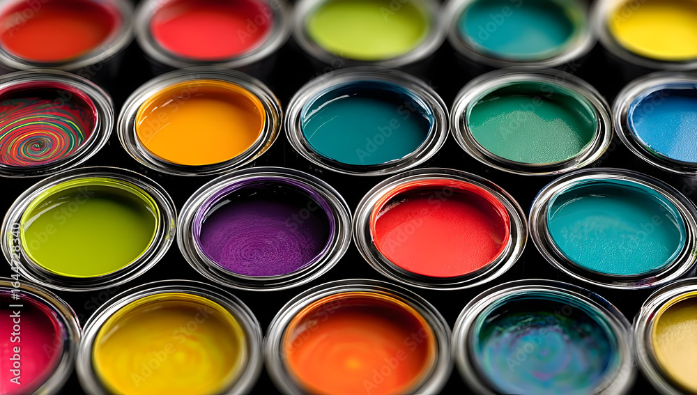 Fototapeta premium A vibrant assortment of paint colors in metal containers showcasing a rich variety of hues perfect for artistic projects and creative inspiration.
