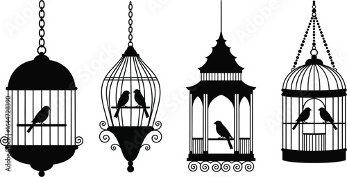 A collection of birdcage silhouettes with birds inside them
