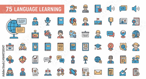 Collection of colorful, outlined icons representing various aspects of language learning.