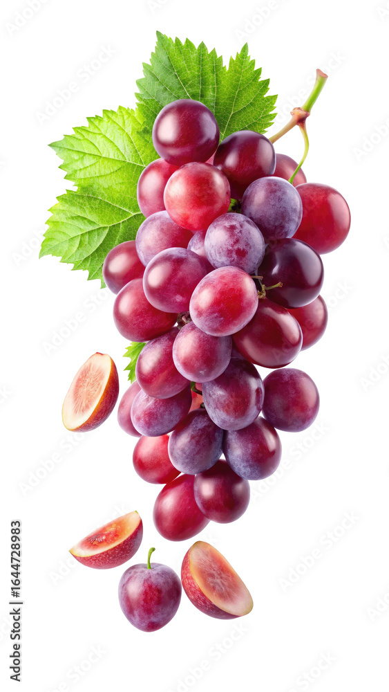 Fototapeta premium Red Grape with Leaves Isolated on White Background