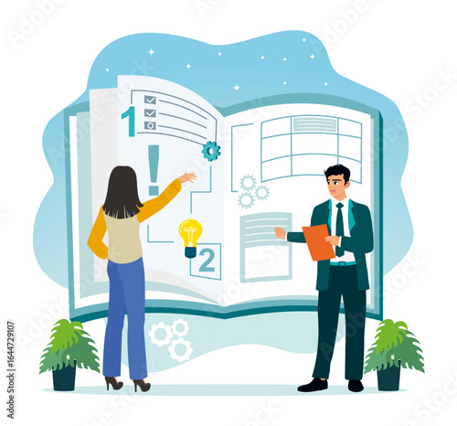 Business people collaborate to analyze plans and ideas.