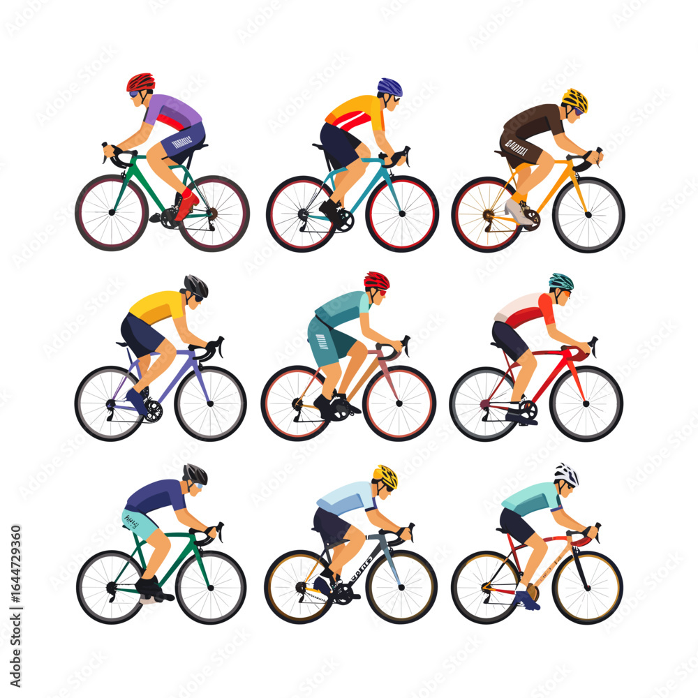 Fototapeta premium Cyclist Riding Bicycle Set Clipart On White Background
