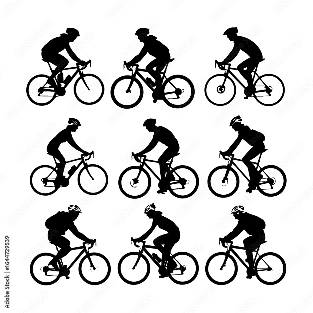 Fototapeta premium Cyclist Riding Bicycle Silhouette Set Clipart On White Background
