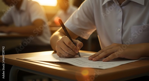 Student taking exam writing on paper in classroom education