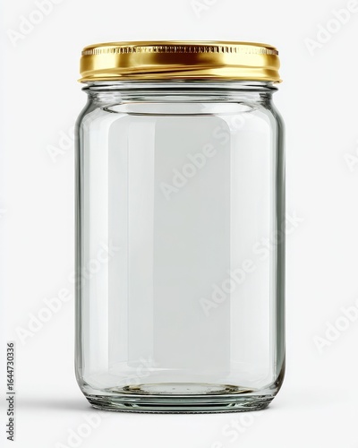 Clear glass jar with gold lid,  empty and ready for filling