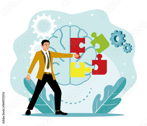 An entrepreneur assembles puzzle pieces around the brain.