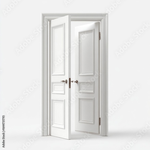 A pair of wide, white double doors, open slightly, against a plain white background