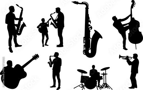 "Saxophone music, silhouette, jazz, musical instrument, black and white,  vector graphics