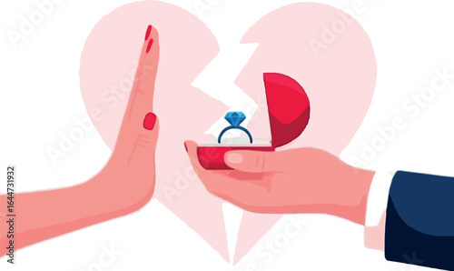 A woman rejecting a proposal with a hand gesture in front of a broken heart and a ring box held by a man