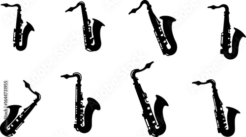 "Saxophone music, silhouette, jazz, musical instrument, black and white,  vector graphics