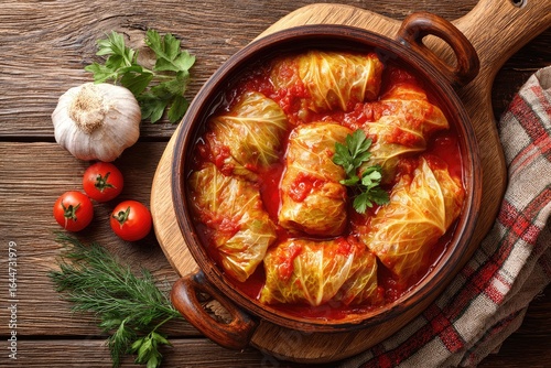 Cabbage rolls in a rustic bowl, topped with tomato sauce, garnished with fresh herbs
