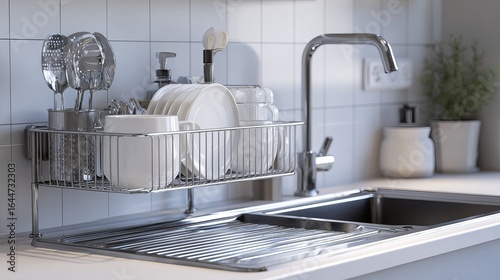 Modern kitchen sink with clean dishes and utensils, showcasing a minimalist and organized space.