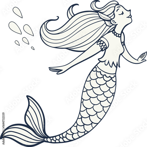 Dynamic Mermaid in Detailed Line Art Grayscale Ink Illustration of Light skinned Female with Elaborate Tail and Thoughtful Pose