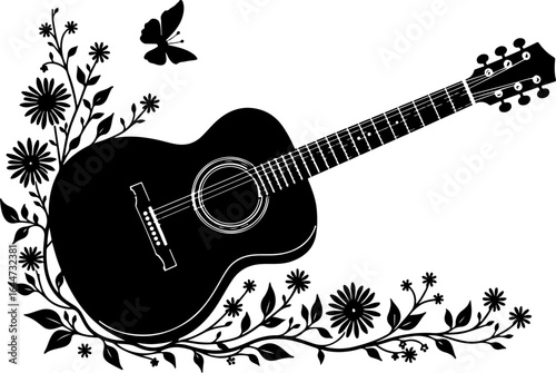 Melody in Bloom" guitar, acoustic guitar, floral guitar, nature and music, butterfly, black and white, graphics vector

