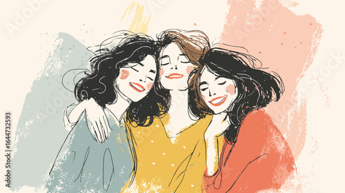 Trendy Friendship Handdrawn Portrait of Three Smiling Women Illustration Artwork