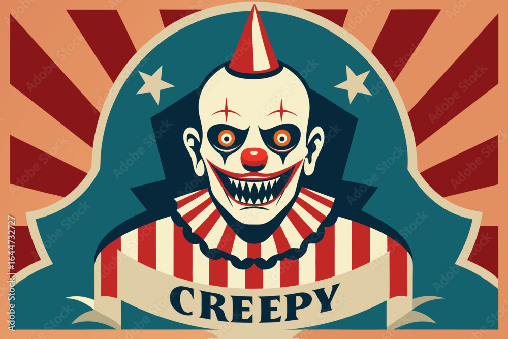 Obraz premium Illustrated Creepy Clown with Stripes, Stars and the Word Creepy Banner Sign