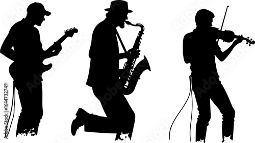 Silhouettes in Harmony"  musicians band, guitar, saxophone, man rock, classical, vector bundle
