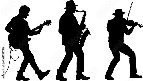 Silhouettes in Harmony"  musicians band, guitar, saxophone, man rock, classical, vector bundle