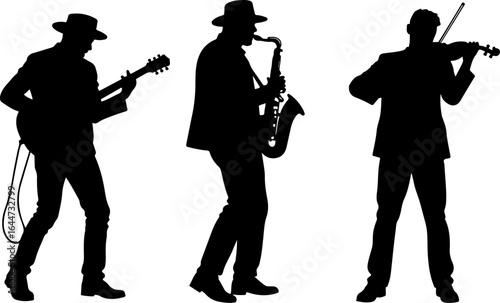 Silhouettes in Harmony"  musicians band, guitar, saxophone, man rock, classical, vector bundle