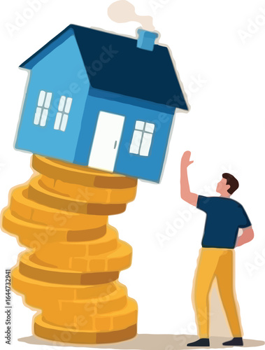 A cartoon house balancing precariously on a stack of gold coins with a man reaching out to it