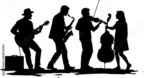 Silhouettes in Harmony"  musicians band, guitar, saxophone, man rock, classical, vector bundle