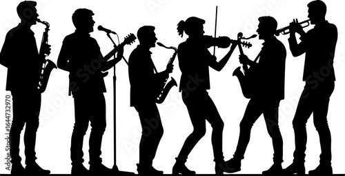 Silhouettes in Harmony"  musicians band, guitar, saxophone, man rock, classical, vector bundle