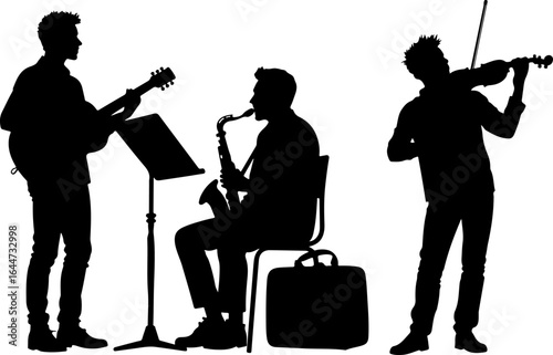 Silhouettes in Harmony"  musicians band, guitar, saxophone, man rock, classical, vector bundle