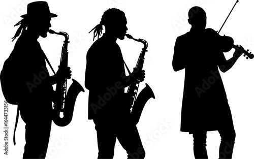 Silhouettes in Harmony"  musicians band, guitar, saxophone, man rock, classical, vector bundle